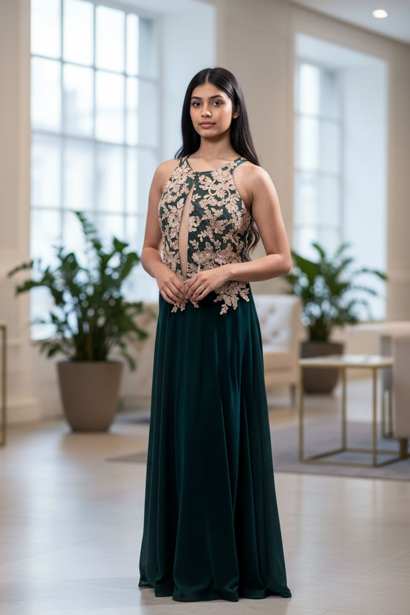 Modelo Natalia - Vestido Verde Combinado