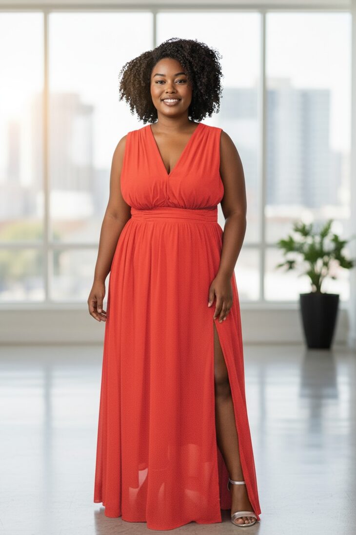 Vestido de fiesta largo color rojo plus size ideal para invitada disponible en Azira, Montevideo.