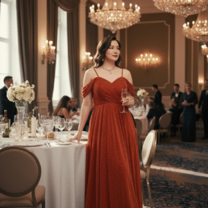 Modelo Patricia - Vestido Dorado con Manga Caida