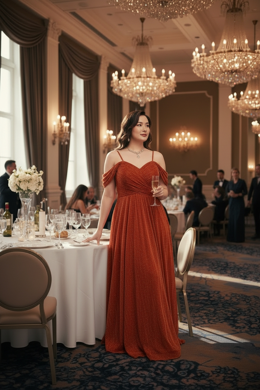 Modelo Patricia - Vestido Dorado con Manga Caida