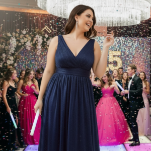 Vestido de fiesta largo color azul plus size ideal para invitada disponible en Azira, Montevideo.