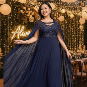 Vestido de fiesta largo color azul plus size ideal para invitada disponible en Azira, Montevideo.