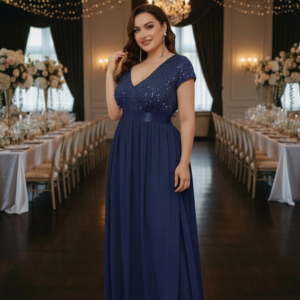 Vestido de fiesta largo color azul ideal para invitada disponible en Azira, Montevideo.