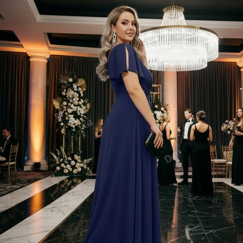 Vestido de fiesta largo color azul plus size ideal para invitada disponible en Azira, Montevideo.