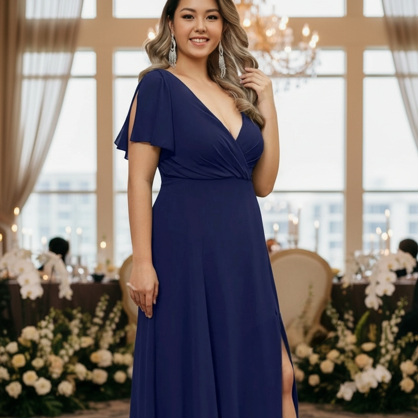 Vestido de fiesta largo color azul plus size ideal para invitada disponible en Azira, Montevideo.