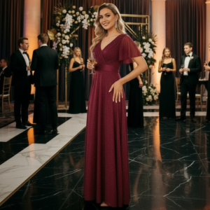 Vestido de fiesta largo color bordó ideal para invitada disponible en Azira, Montevideo.