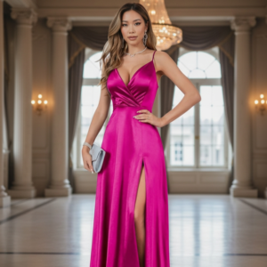 Vestido de fiesta largo color fucsia ideal para invitada disponible en Azira, Montevideo.