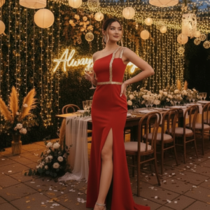 Vestido de fiesta largo color naranja ideal para invitada disponible en Azira, Montevideo.