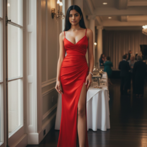 Vestido de fiesta largo color rojo ideal para invitada disponible en Azira, Montevideo.