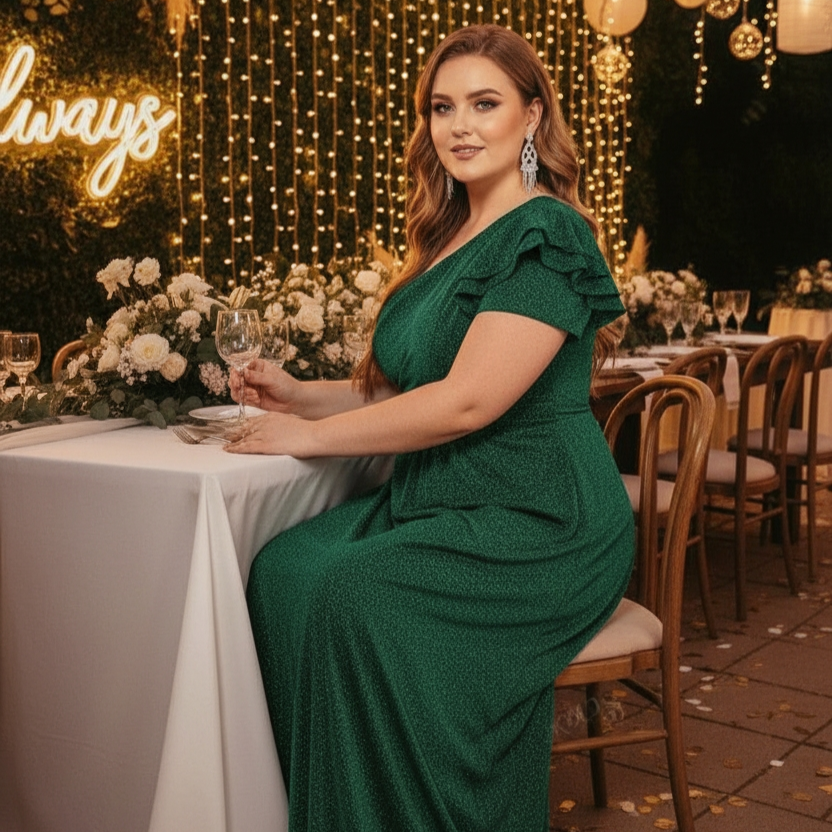 Vestido de fiesta largo color verde plus size ideal para invitada disponible en Azira, Montevideo.