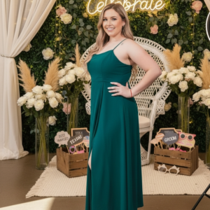 Vestido de fiesta largo color verde plus size ideal para invitada disponible en Azira, Montevideo.