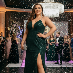 Vestido de fiesta largo color verde plus size ideal para invitada disponible en Azira, Montevideo.